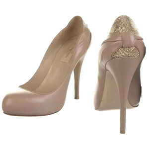 Valentino Garavani Crystal Embellished Leather Pumps Nude Beige Size 5